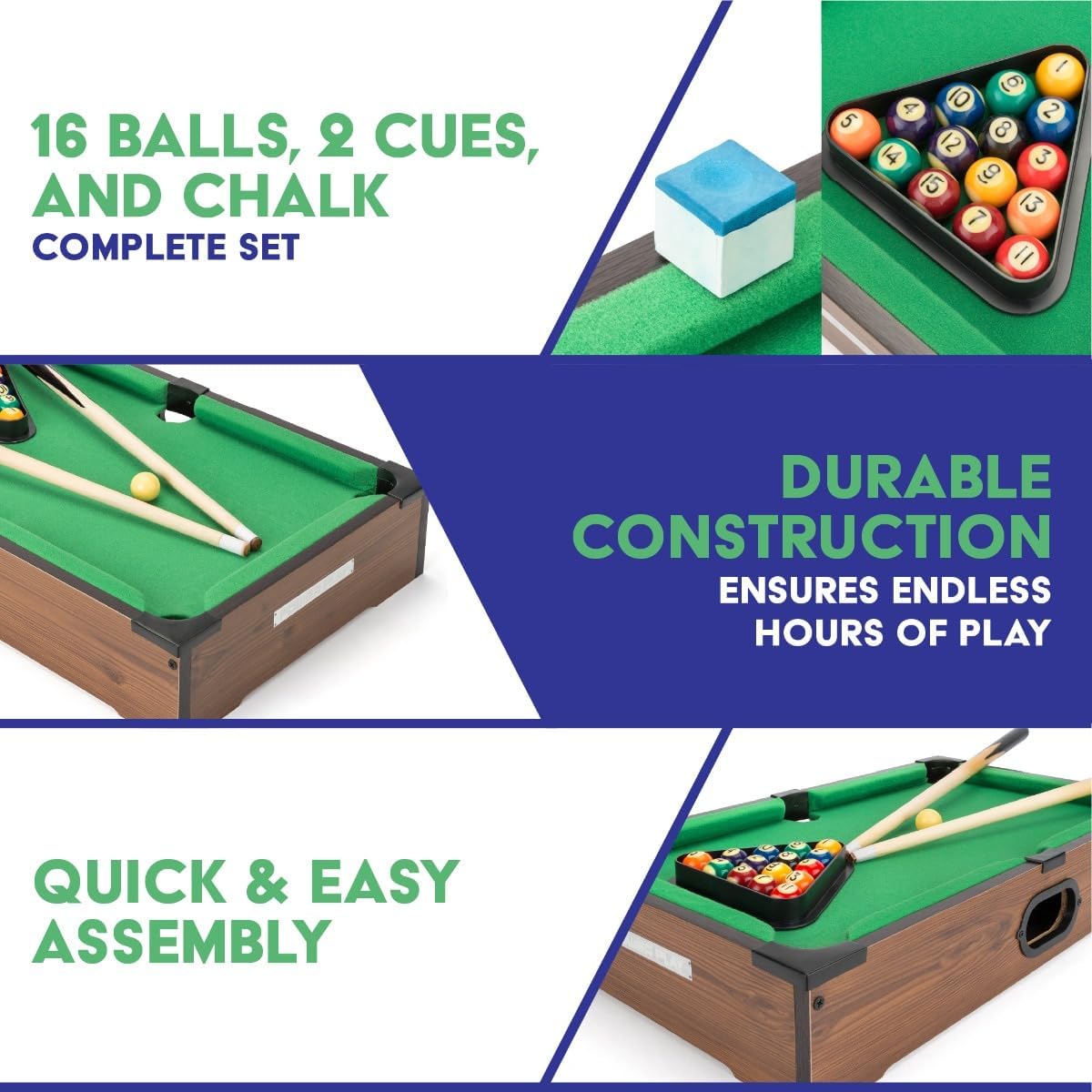 Power Play 20 Inch Pool Table, Kids Pool Game, Arcade Games for Boys and Girls 3+, Indoor and Outdoor Tabletop Game, Wooden Construction, Complete Billiard Set