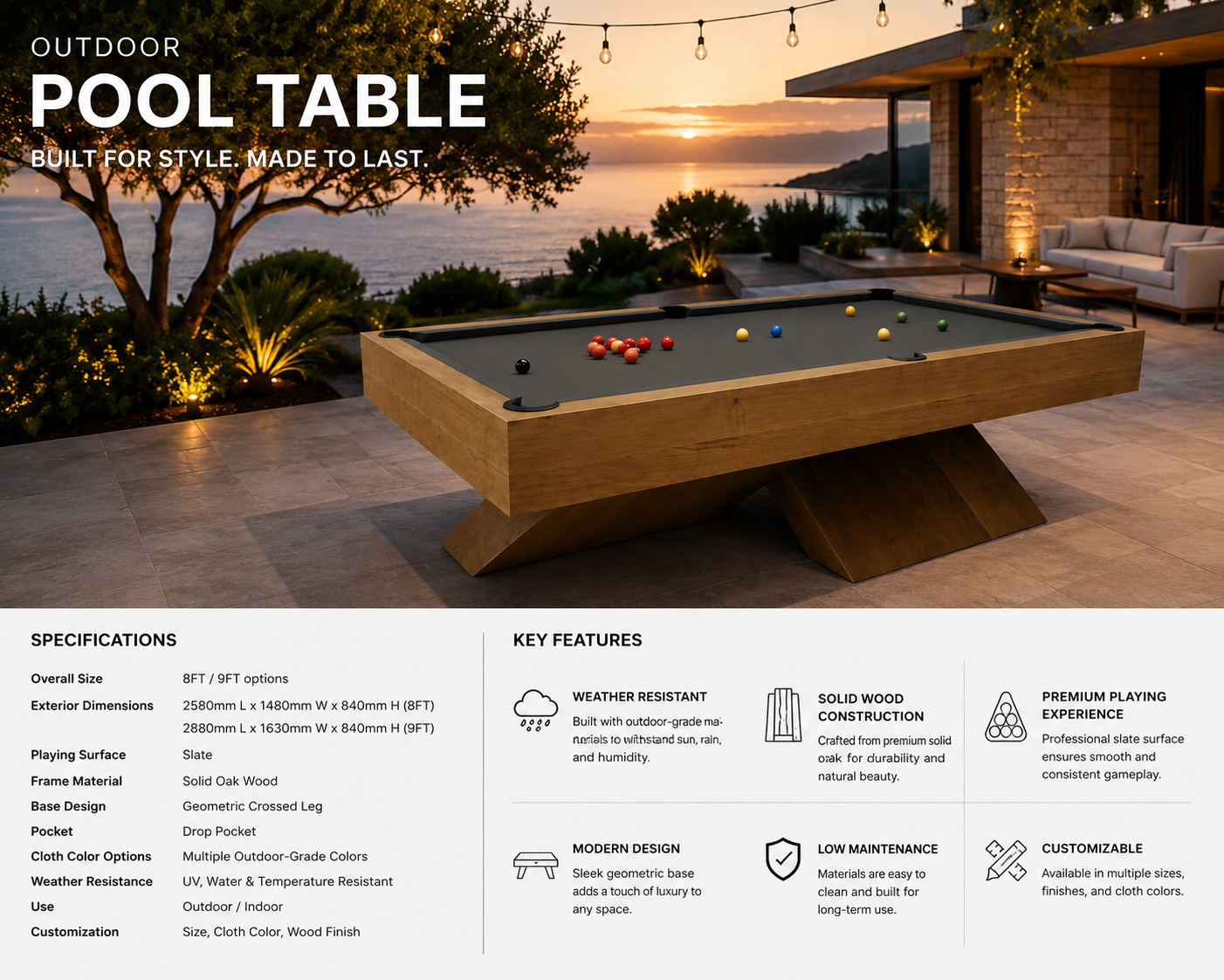 X Billiard Table in Solid Maple Wood | Luxury Modern Pool Table