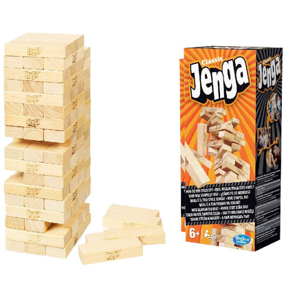 Classic Jenga Game, Hasbro Jenga, 54 Hardwood Blocks, Stacking Tower Game, Family Board Game, Kids Game, Indoor Game, Ages 6 and Up, 1 or More Players