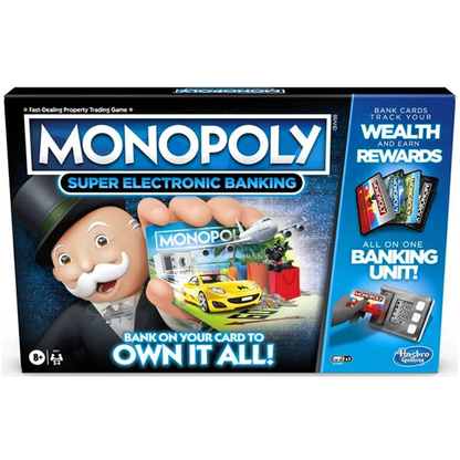 Monopoly Super Electronic Banking Board Game by Hasbro Gaming, Digital Banking Cards, Cashless Family Board Game for Kids and Adults, Fast Gameplay, Buy Sell Trade Properties, Travel Feature, Fun Party Game
