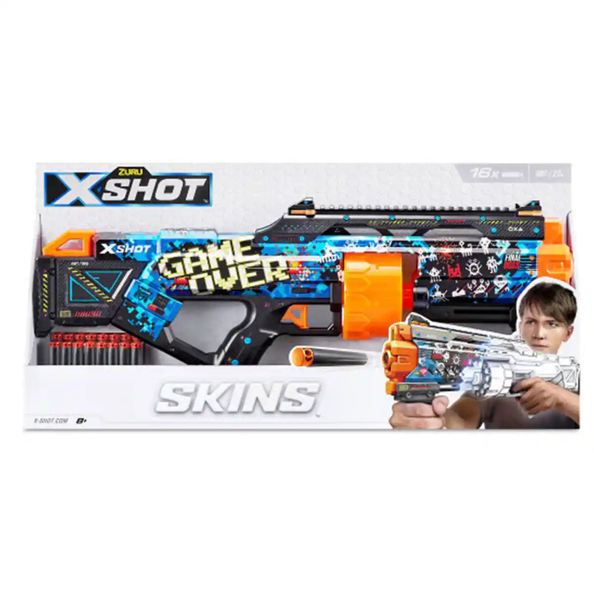 X-Shot Excel Skins Last Stand Blaster, Game Over Skin, 14-Dart Capacity, Air Pocket Technology, 27m / 90ft Range, Tactical Grip & Rail, XS-36518_039279, Unisex