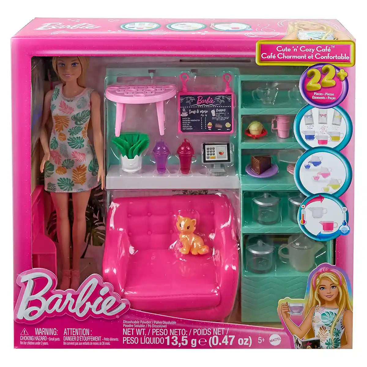 Mattel Games Barbie Self-Care Tea Shop Playset, 22 Piece Cafe Set with Doll, Colour Change Teapot, Pet Kitten, Pretend Drinks and Accessories for Kids