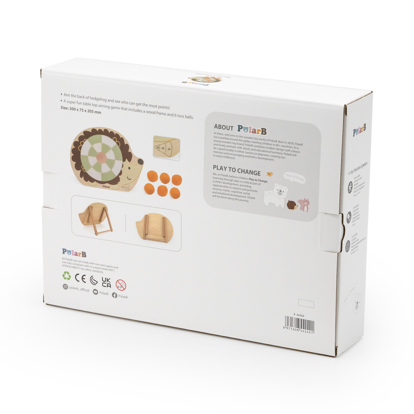 PolarB Wooden Target Game for Kids, Hedgehog Aiming Game with 6 Toss Balls, Develops Hand-Eye Coordination and Motor Skills, Indoor and Outdoor Toy for Ages 3+