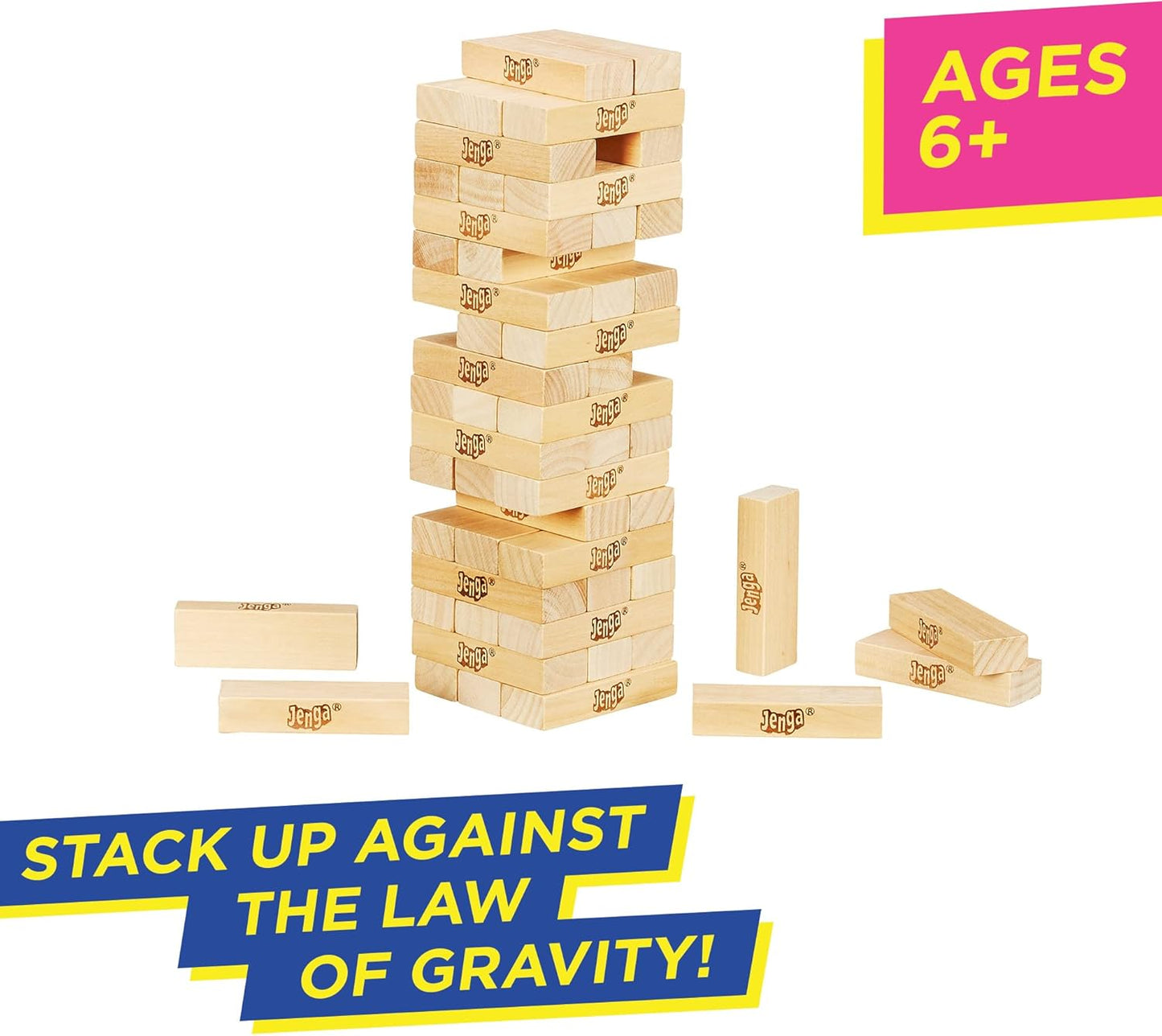 Classic Jenga Game, Hasbro Jenga, 54 Hardwood Blocks, Stacking Tower Game, Family Board Game, Kids Game, Indoor Game, Ages 6 and Up, 1 or More Players