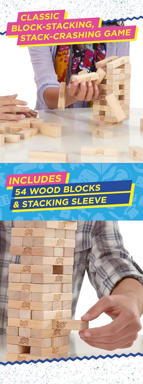 Classic Jenga Game, Hasbro Jenga, 54 Hardwood Blocks, Stacking Tower Game, Family Board Game, Kids Game, Indoor Game, Ages 6 and Up, 1 or More Players