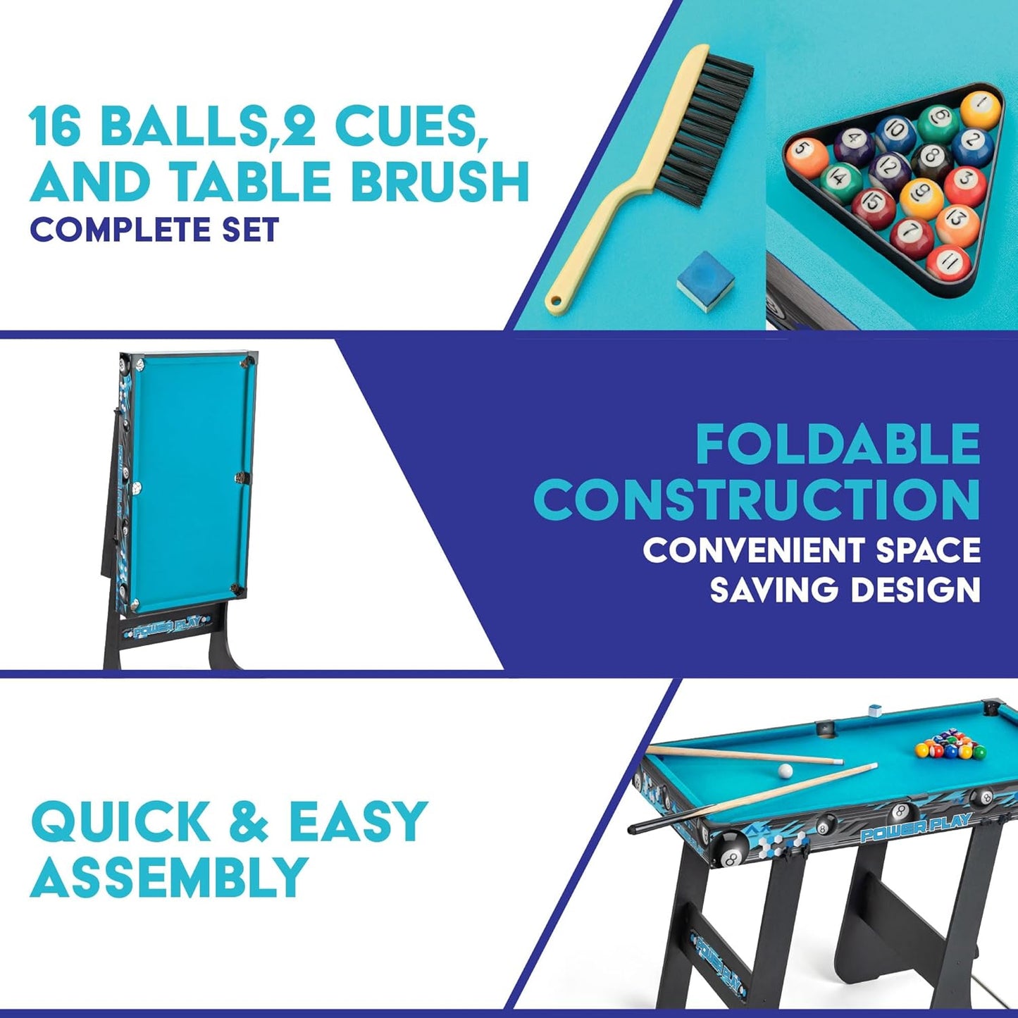 Powerplay 3ft Folding Pool Table Game, Mini Pool Table for Kids and Adults, Compact Wooden Snooker Table, Portable Design with Easy Storage, Indoor Game Table for Boys and Girls 5 Years+