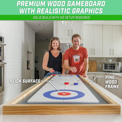 6ft Tabletop Shuffleboard & Curling 2-in-1 Game Set | Portable Wooden Board with 8 Pucks & Tote Bag
