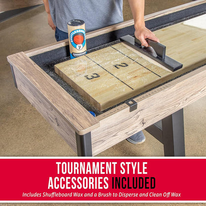 Premium 9 ft Shuffleboard Table with 8 Metal Pucks, Wax & Brush | Indoor Game Room Shuffleboard Table
