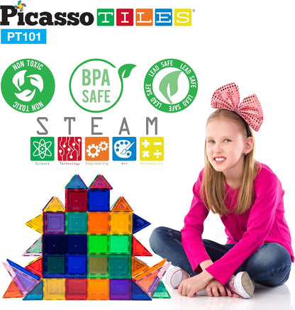 PicassoTiles PT101 101-Piece Magnetic Building Set - STEM Educational Game, Children's Brain Development, Magnetic Blocks