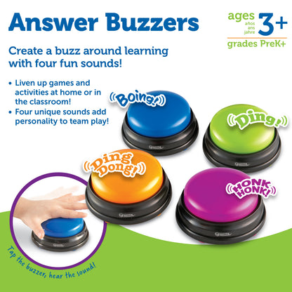 Learning Resources Answer Buzzers (Set of 4), Fun Game Show Style Response Buzzers with 4 Distinct Sounds for Classroom or Home Learning (Ages 3+)
