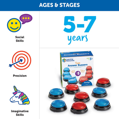 Learning Resources Team Answer Buzzers, Set of 8 Red and Blue Light-Up Buzzers with Unique Sounds, Game Show Buzzers for Team Play, Ages 3+