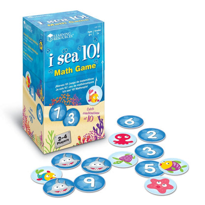 Learning Resources I Sea 10! Math Game, Fun Family Game for Practicing Number Bonds to Ten, Includes 90 Number Cards & 10 Shark Cards, Great Early Math Skills Activity, For Ages 6+, Sea-Themed Container